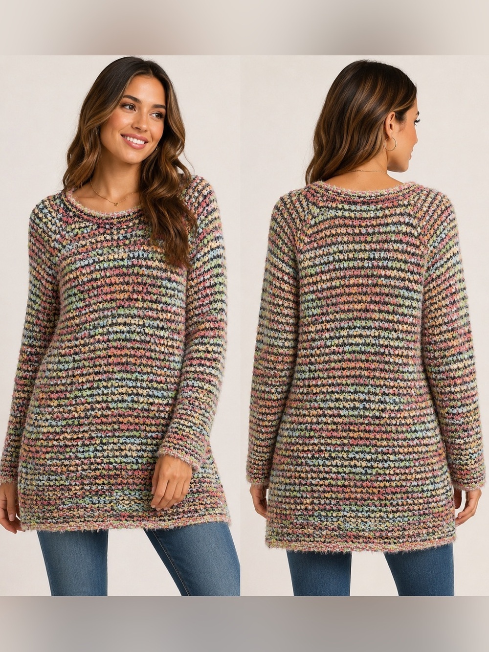 Apricot Multicolor Space-Dye Fuzzy Knit Tunic Sweater, Size US 10 (Large)